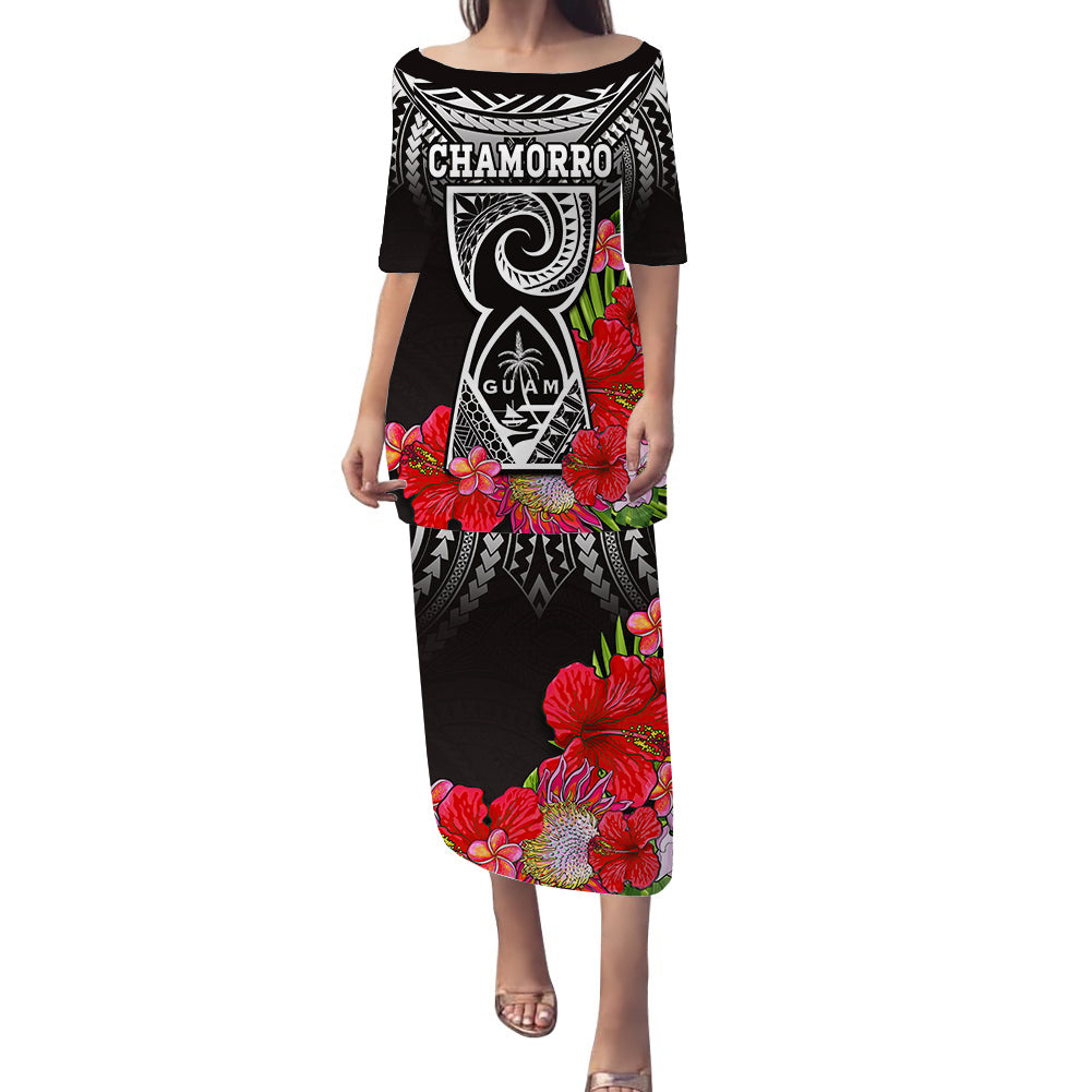 Black long pulletasi dress with tropical floral print, Guam/Chamorro graphic, short sleeves