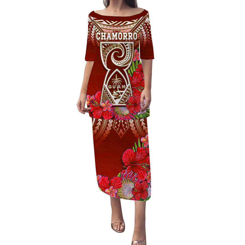 Red long puletasi dress with short sleeves, graphic front text and floral pattern