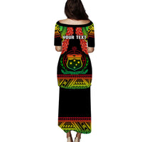 Long puletasi dress, black back with custom text and shield graphic in red and green