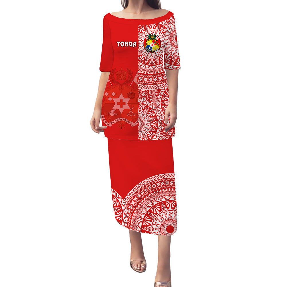 Red long dress with white Tongan pattern panel and crest, elbow sleeves, midi length