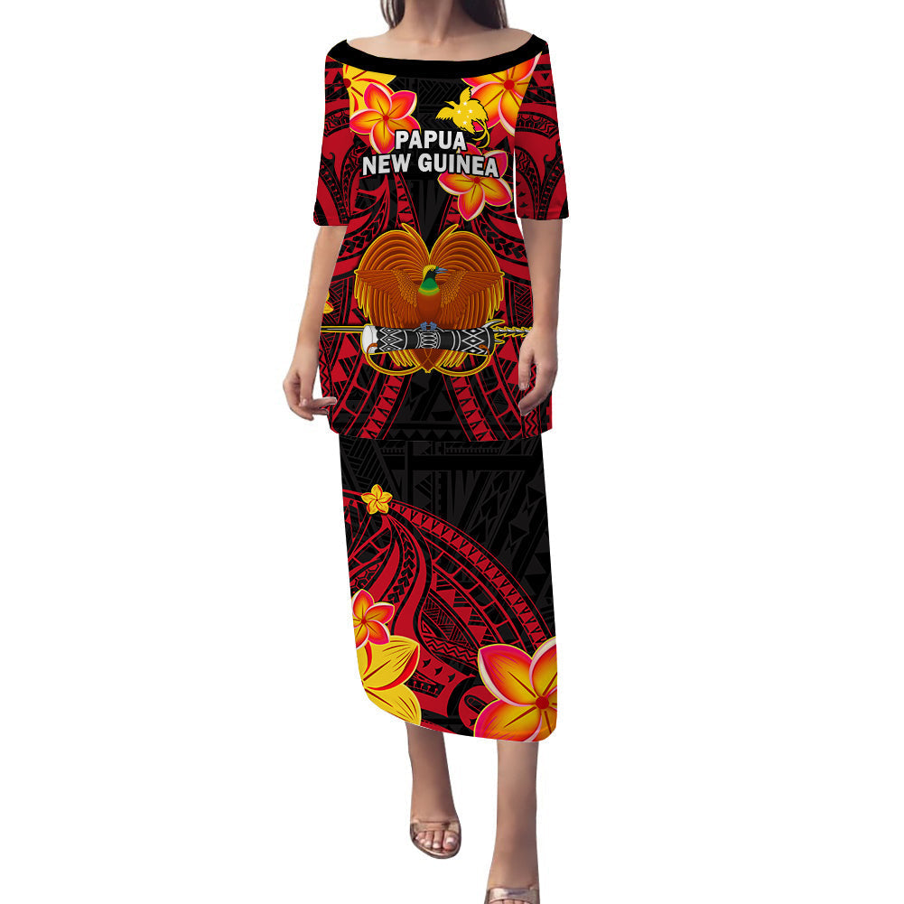 Long black dress with red geometric print, yellow flowers, bird-of-paradise motif, short sleeves
