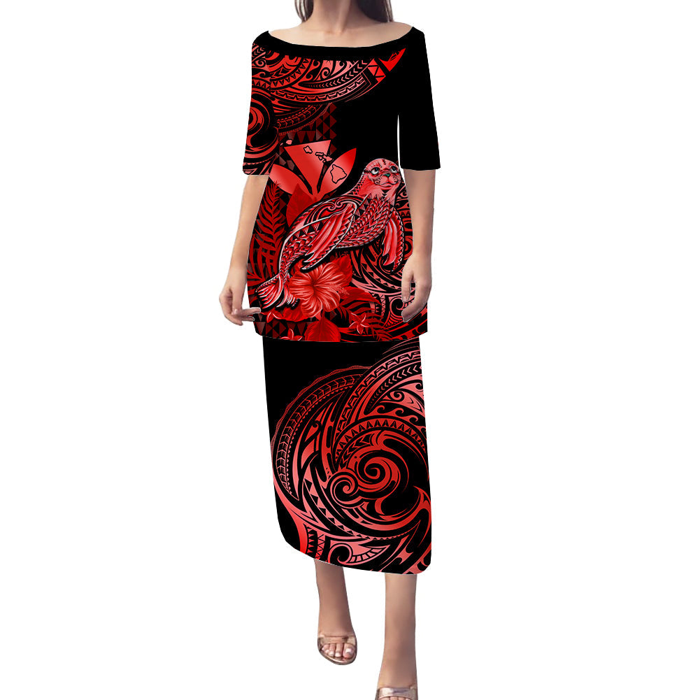 Long pulletasi dress, black with red short sleeves and bird print, knee-length hem