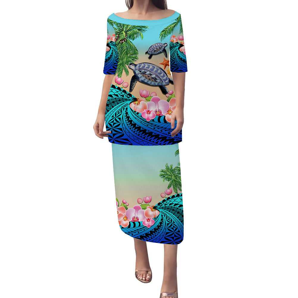 Long blue Polynesian turtle and orchid print dress, elbow sleeves, boat neckline