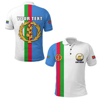 Custom polo shirt with Eritrea flag stripes; back graphic crest and “YOUR TEXT”