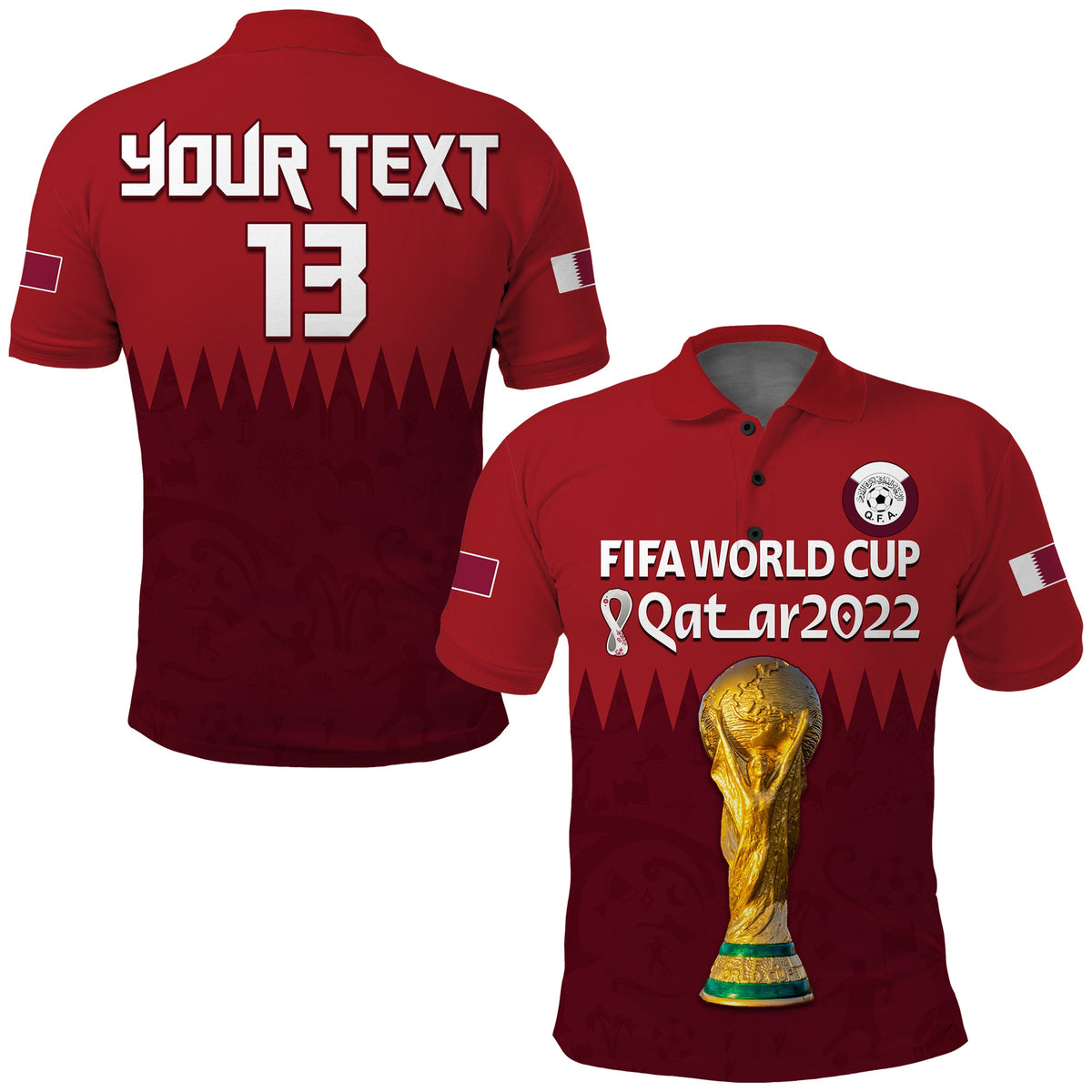 Maroon fútbol polo WC 2022 con espalda 'YOUR TEXT' y número 13