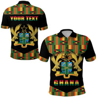 Schwarz Polohemd mit Kente-Musterbesatz, Vorderseite „GHANA“, Rückseite „YOUR TEXT“