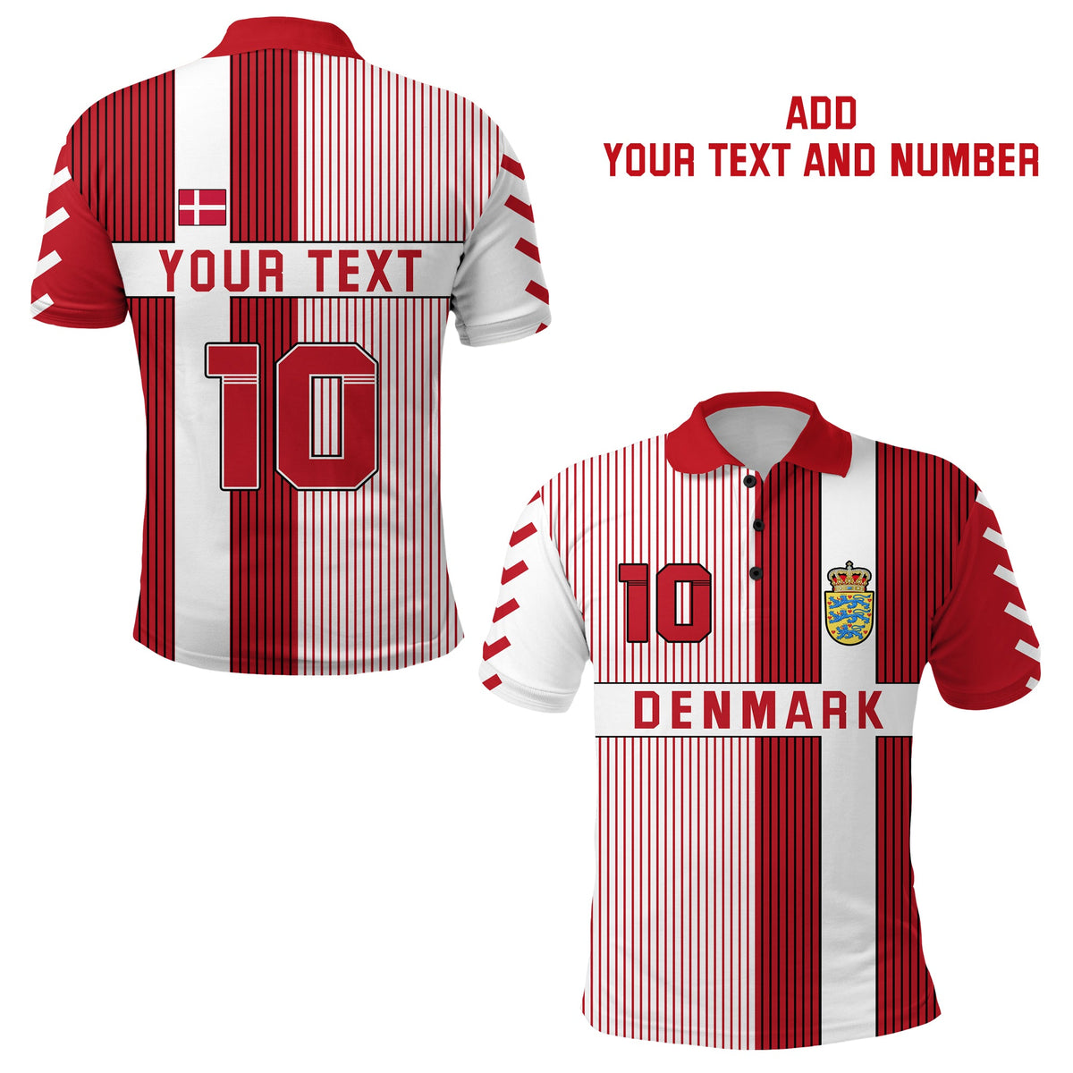 Custom polo shirt, red/white striped, 'YOUR TEXT' and number 10 on back