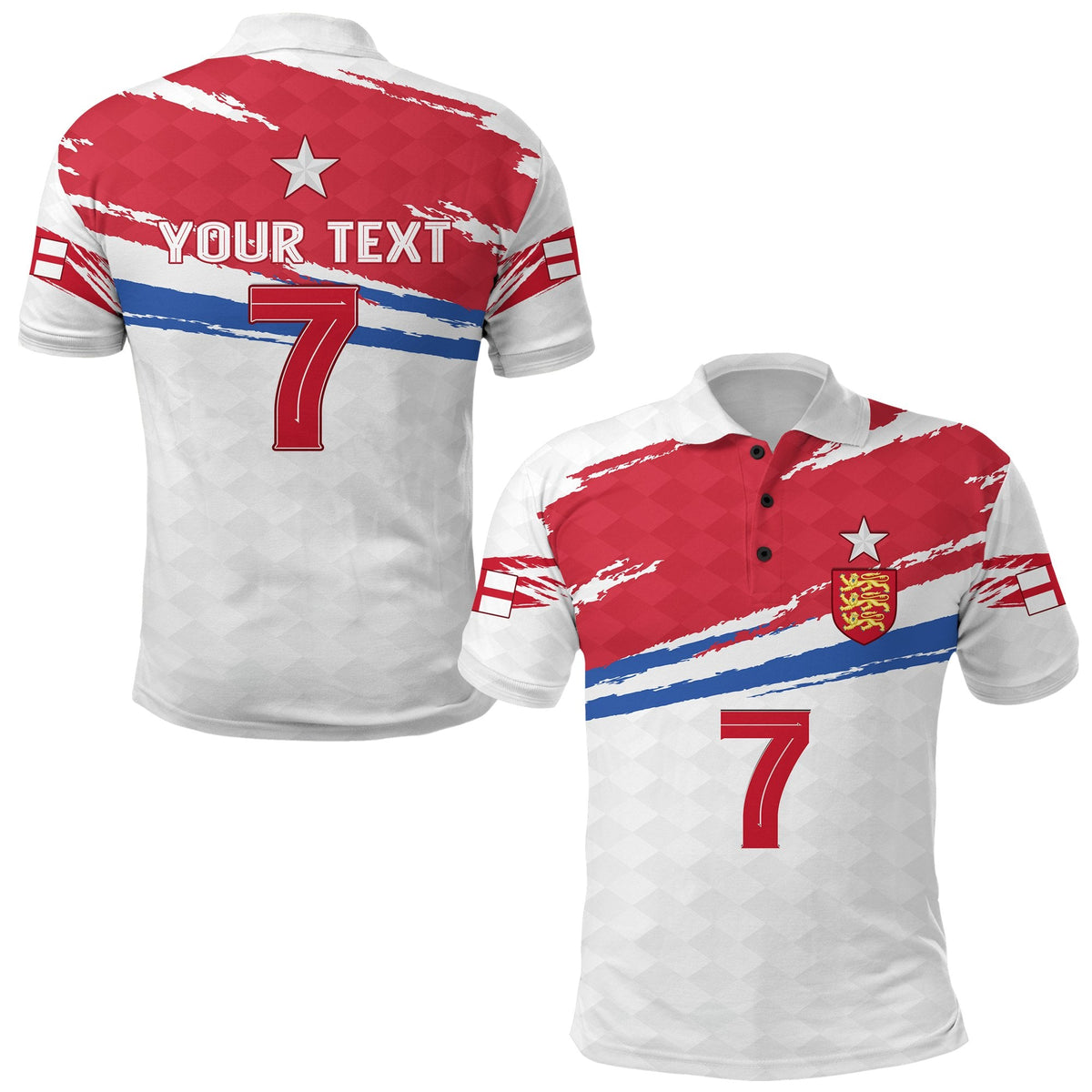England polo shirt red/white/blue with YOUR TEXT and number 7, back