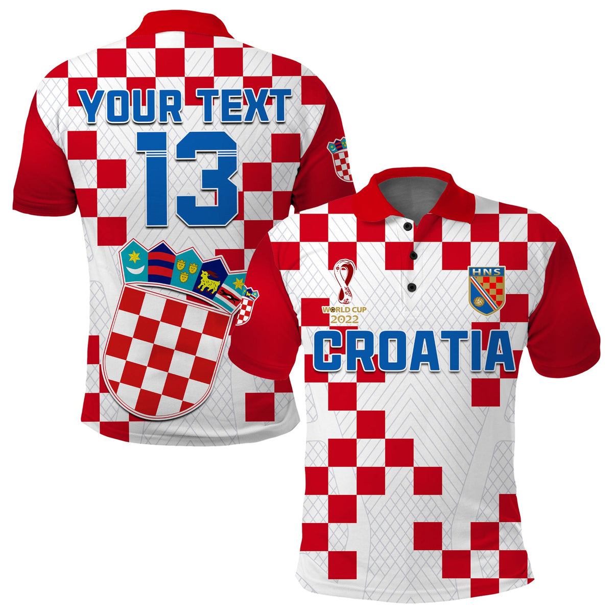 Croatia football polo shirt: red/white checkered back with 'YOUR TEXT' and '13'