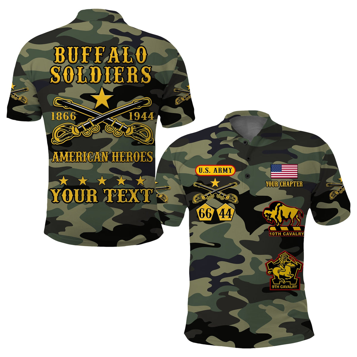 Camo polo shirt—back graphic with “YOUR TEXT” and Buffalo Soldiers lettering