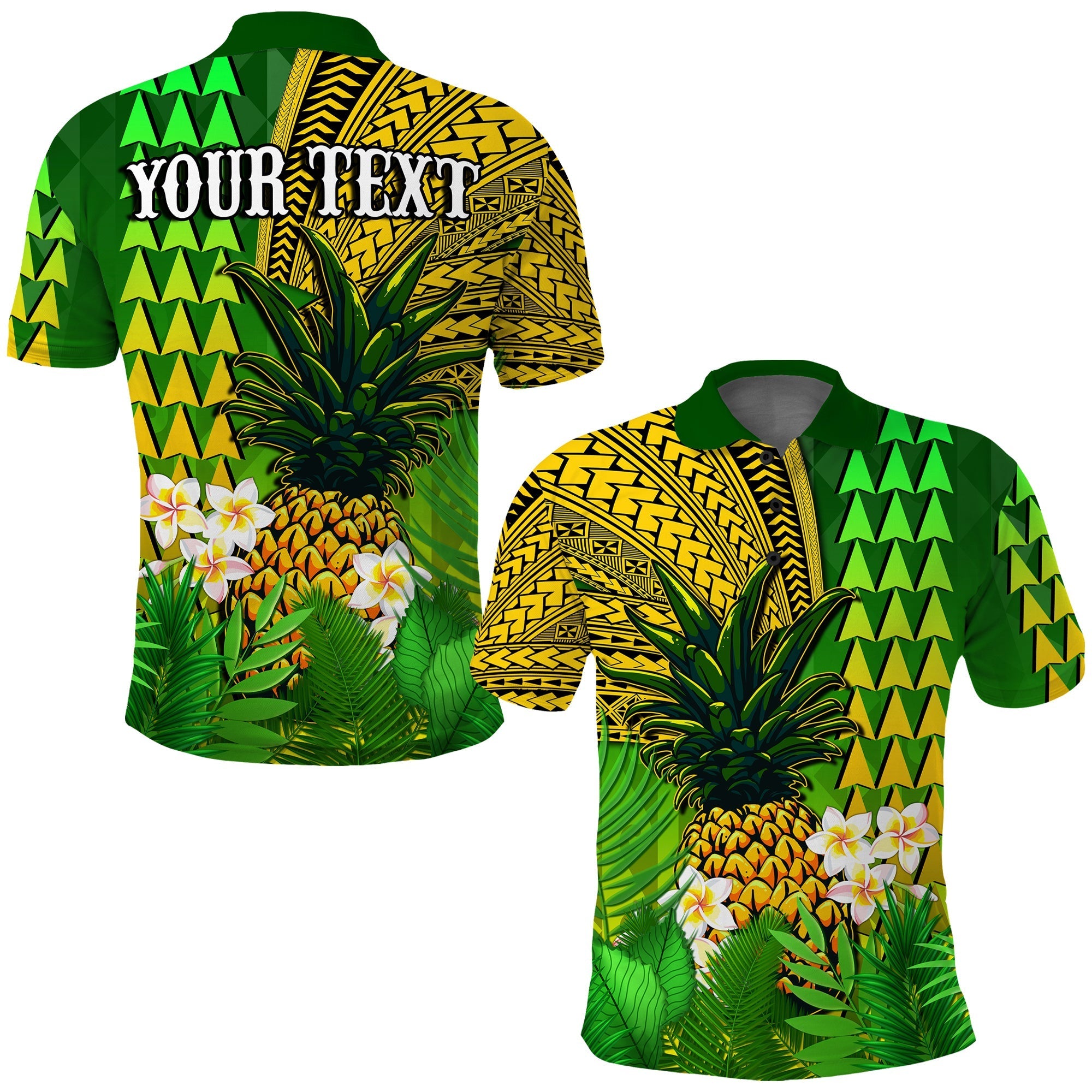 custom-personalised-hawaii-pineapple-polo-shirt-plumeria-frangipani-mix-tribal-pattern