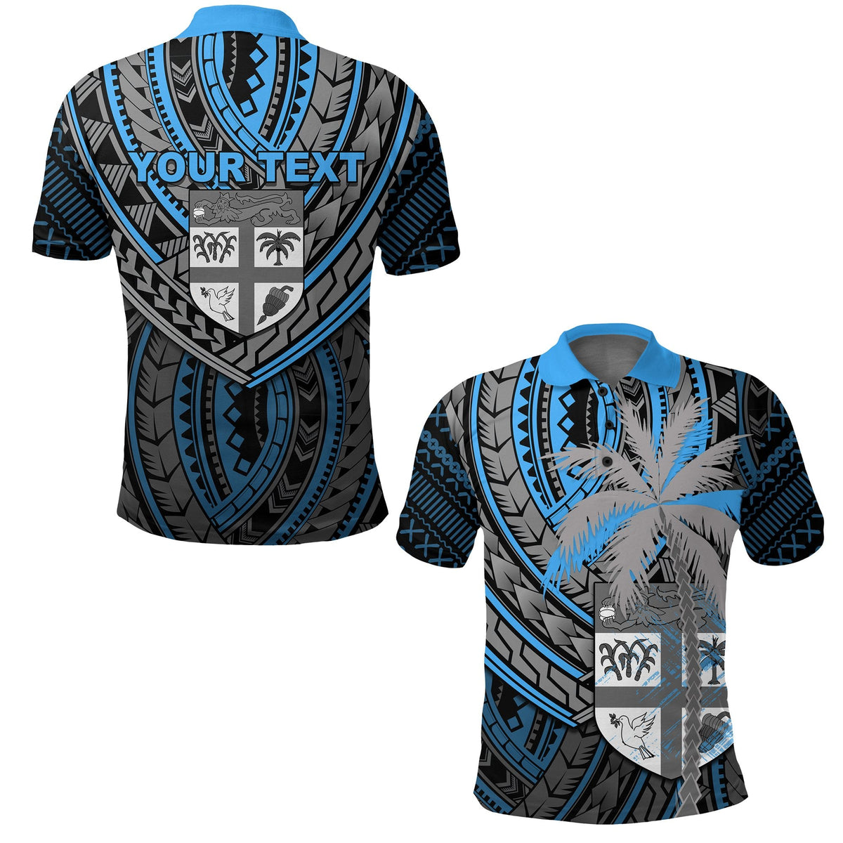Custom polo Fiji blu e nero, colletto blu, stampa scudo con 'YOUR TEXT' sul petto