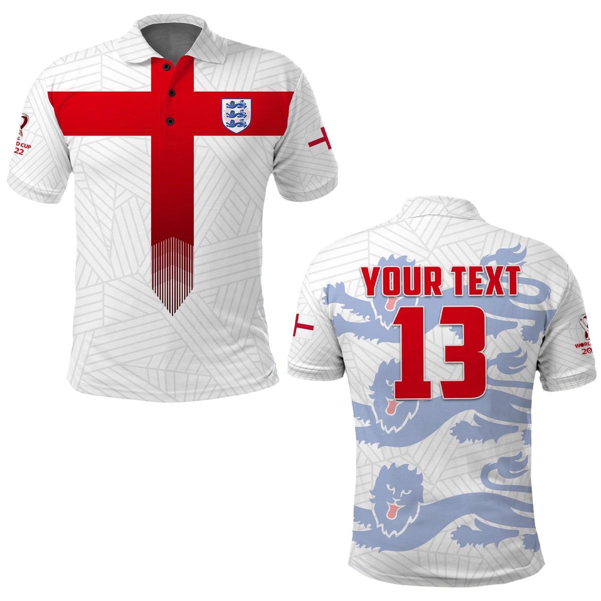 White football polo shirt with red cross front and England crest; short sleeves.