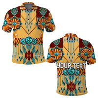 Native American polo shirt—cream with dreamcatcher beadwork, short sleeves, turquoise motifs