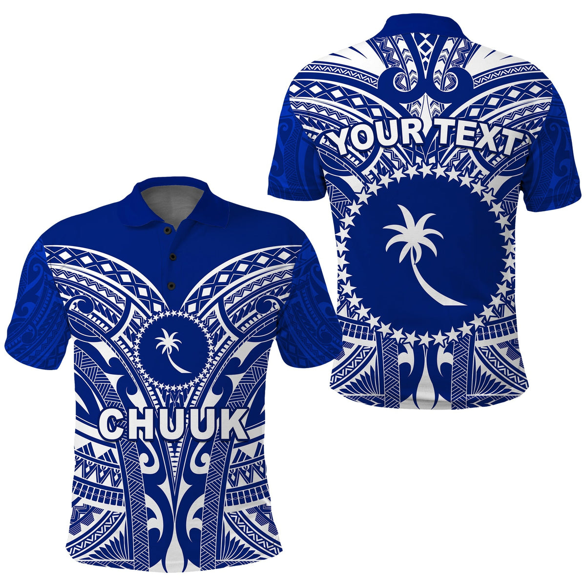 Blue polo shirt with Chuuk pattern, button placket and CHUUK front print