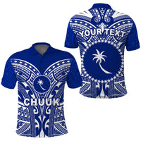 Blue polo shirt with Chuuk pattern, button placket and CHUUK front print