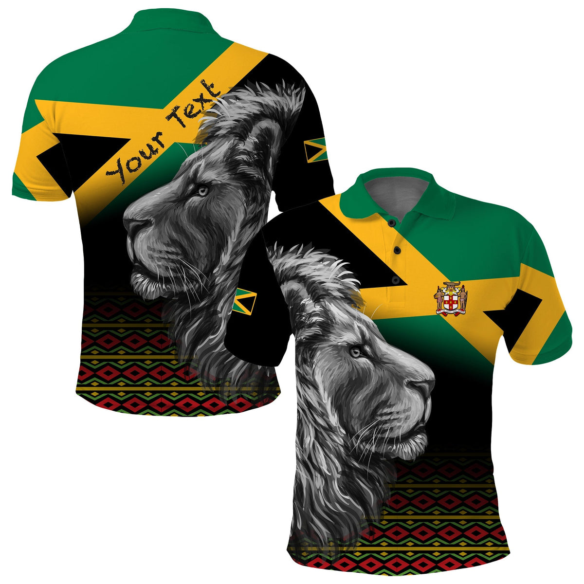 Lion polo in black with green/yellow panels and tribal hem pattern