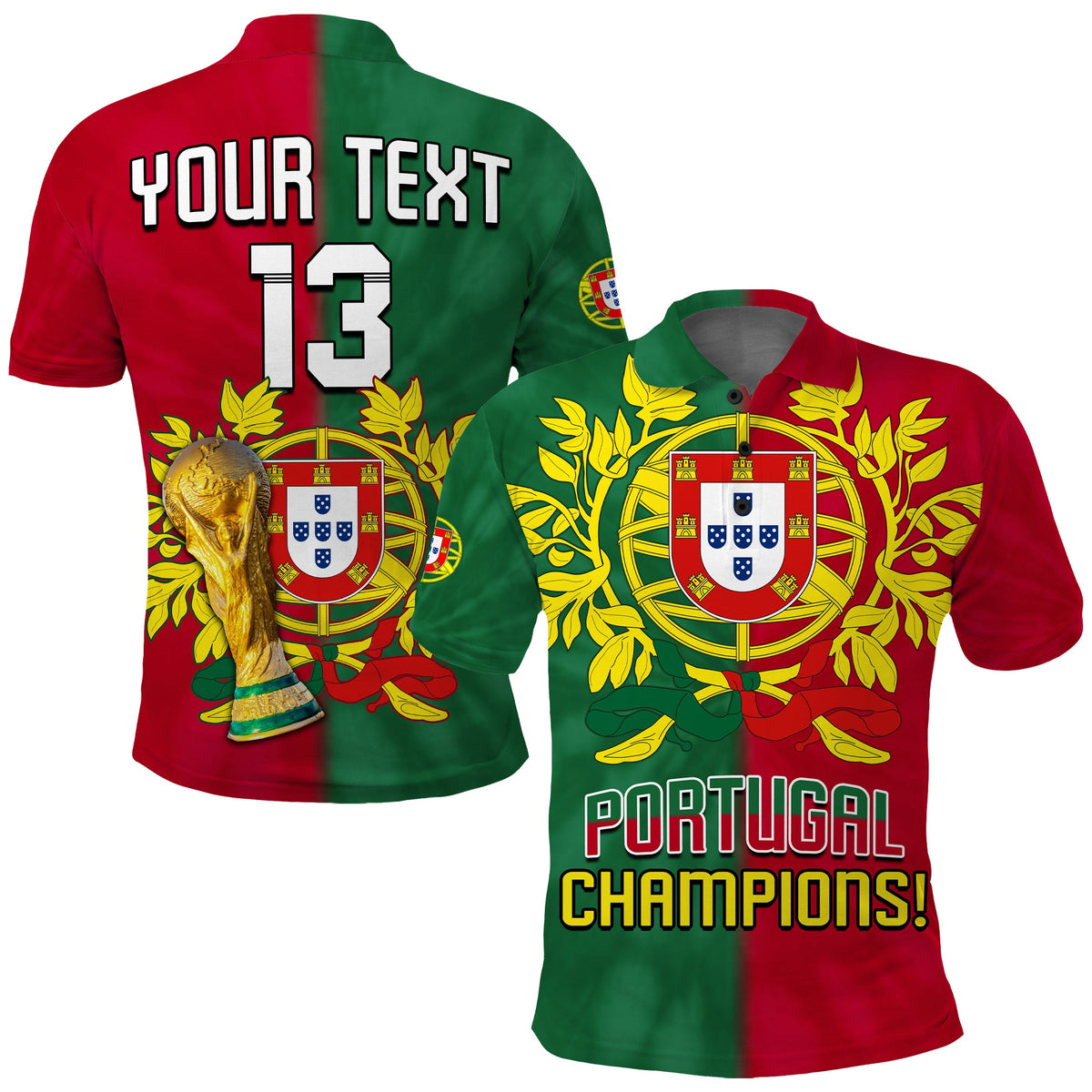 Portugal football polo shirt, red-green tie-dye back with YOUR TEXT 13 and crest