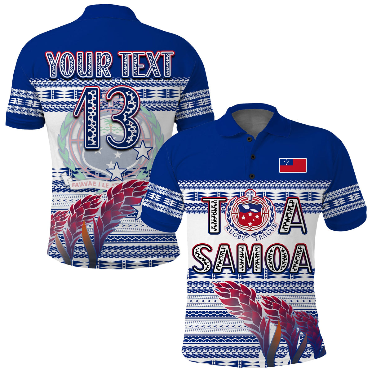 Rugby polo shirt, blue and white back print with custom text and number 13