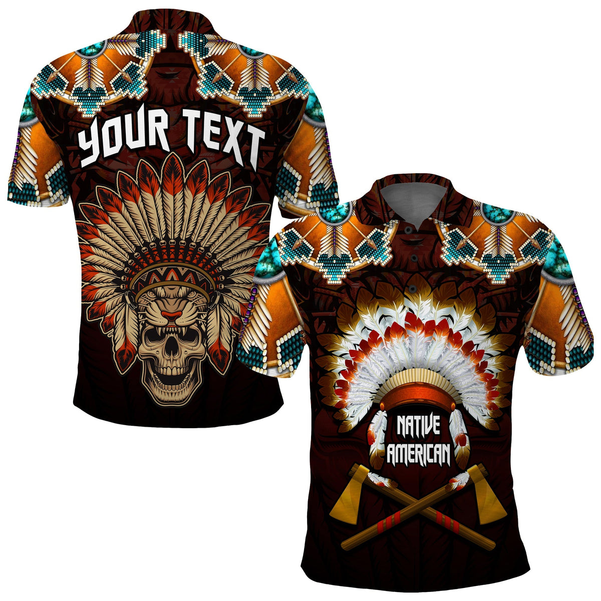Black polo shirt with Native American headdress skull graphic and your text