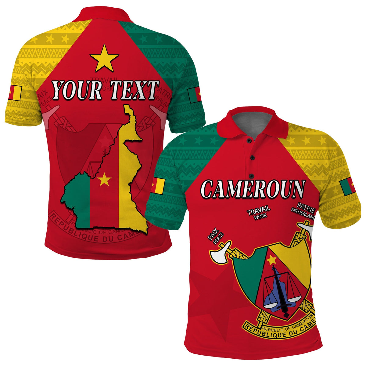 Adult red polo shirt back with «YOUR TEXT», Cameroon map and yellow star, button collar