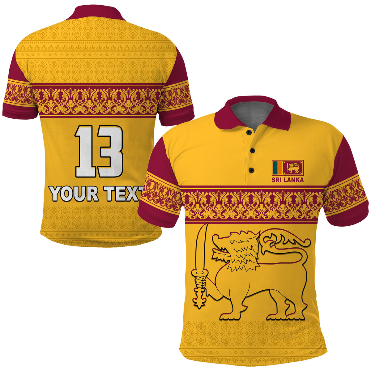 Yellow polo with maroon collar, 13 & custom text, lion emblem and trim pattern
