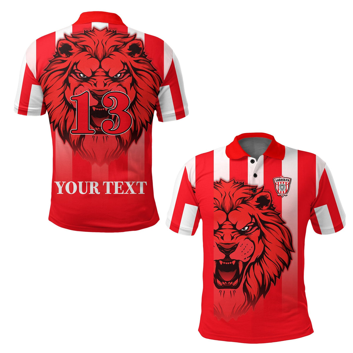 Red custom football polo shirt with lion graphic, number 13 and your text on back