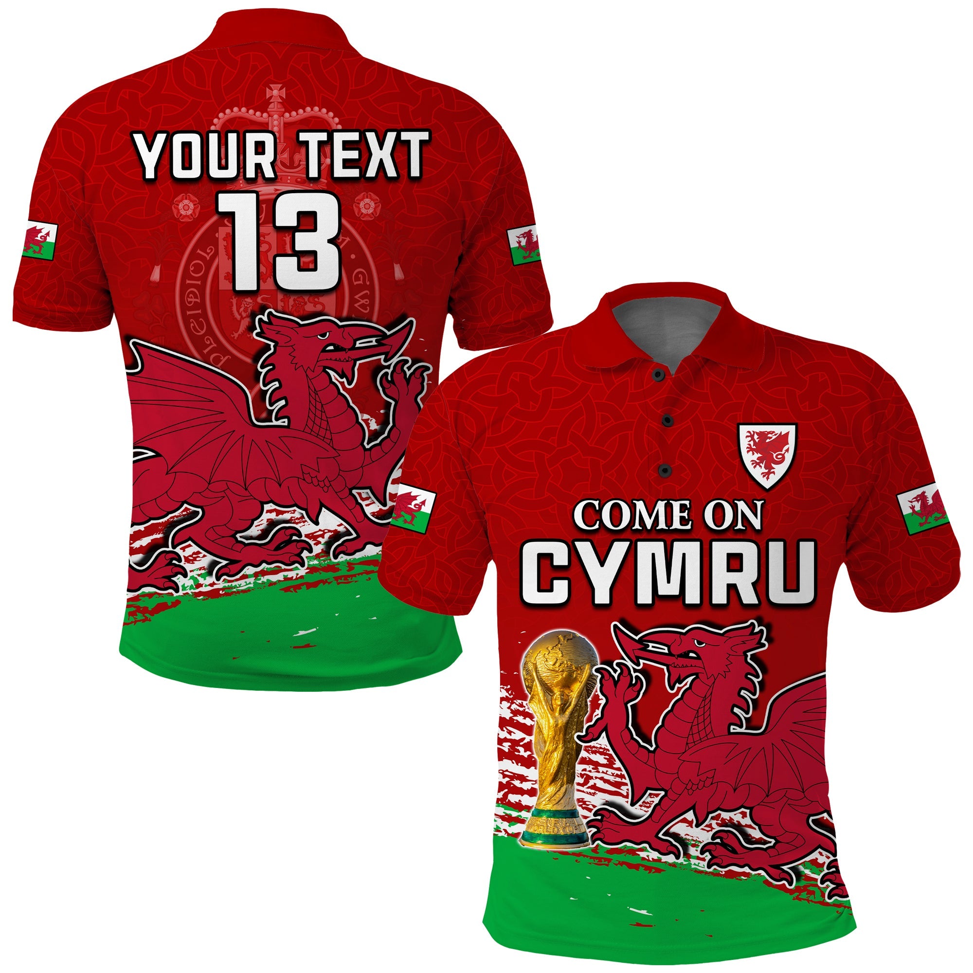 (Custom Text and Number) Wales Football Polo Shirt Come On CYMRU The Red Wall Champions World Cup LT13 - Wonder Print Shop