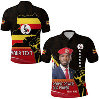 Black polo shirt: back Uganda map with bird; front portrait with People Power Our Power