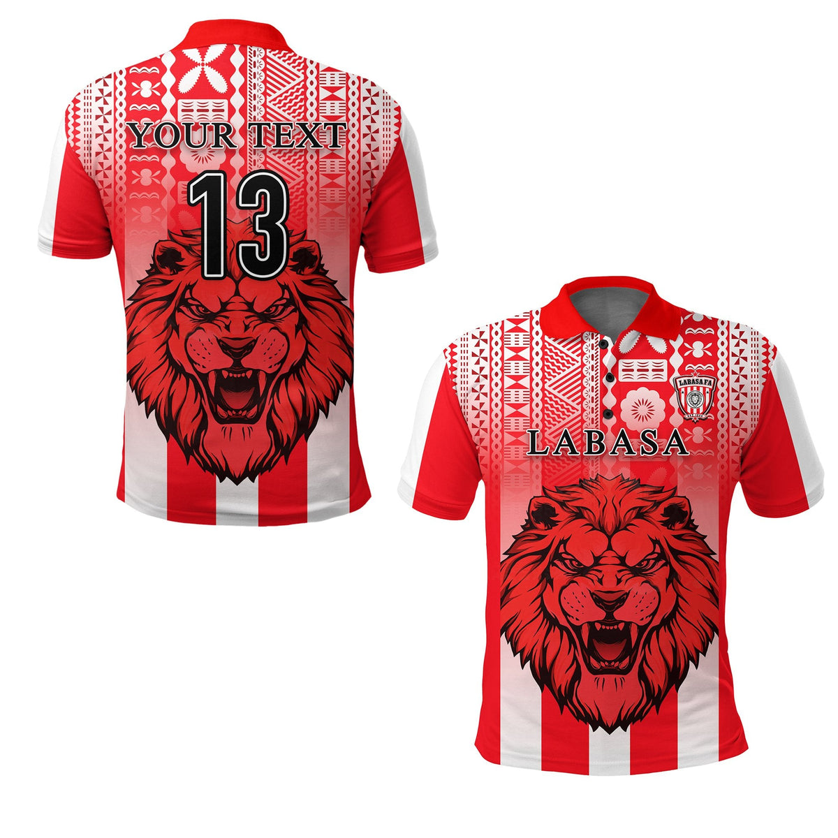 Red football polo with lion graphic, red-white stripes, back print 'YOUR TEXT' and number 13