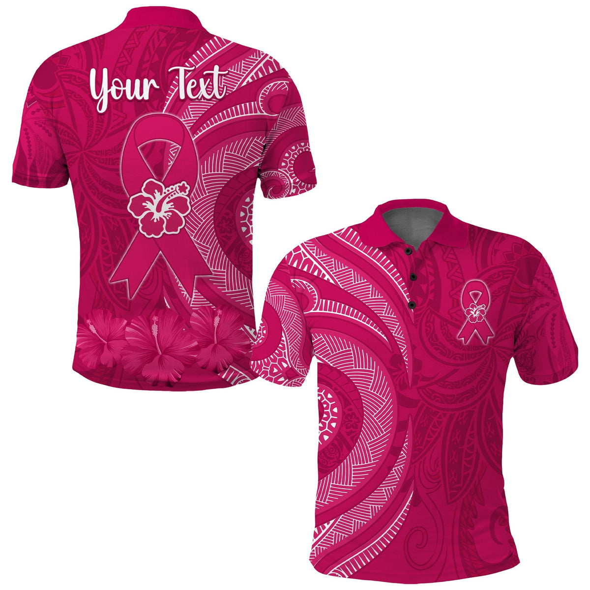 Pink custom polo shirt with back text, breast cancer ribbon, hibiscus and tropical print
