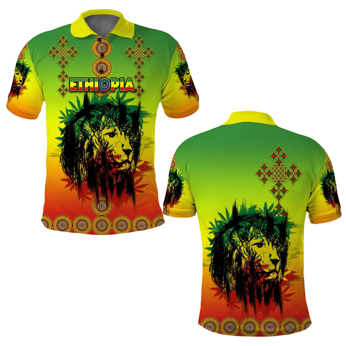 Ethiopia polo: lion face graphic, ETHIOPIA lettering, red-green cross motifs