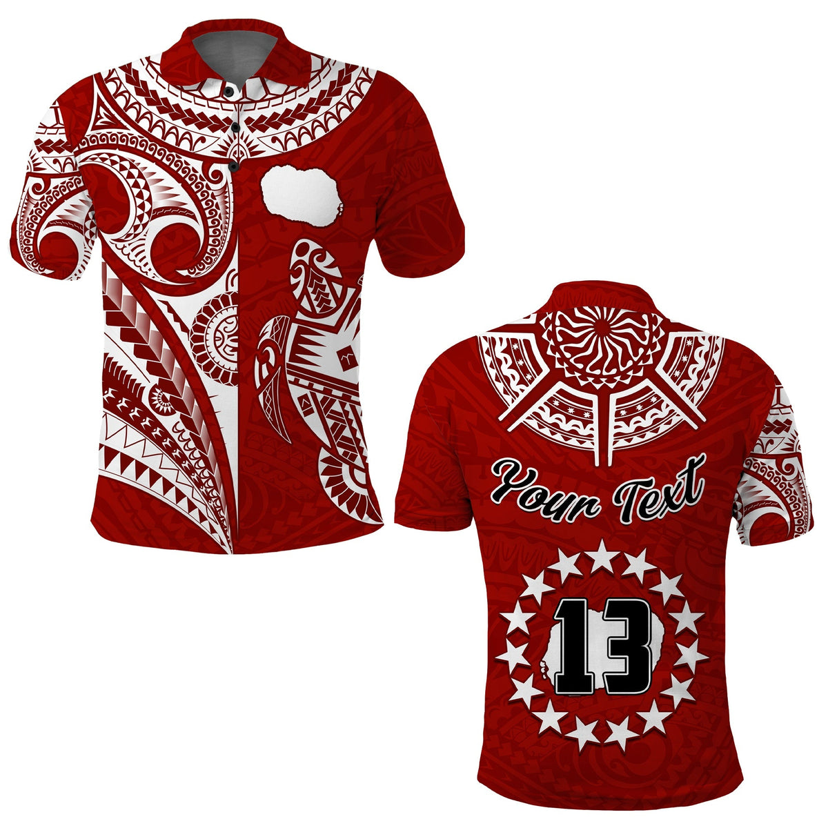 Red polo shirt with tribal map-style print, button placket, and short sleeves