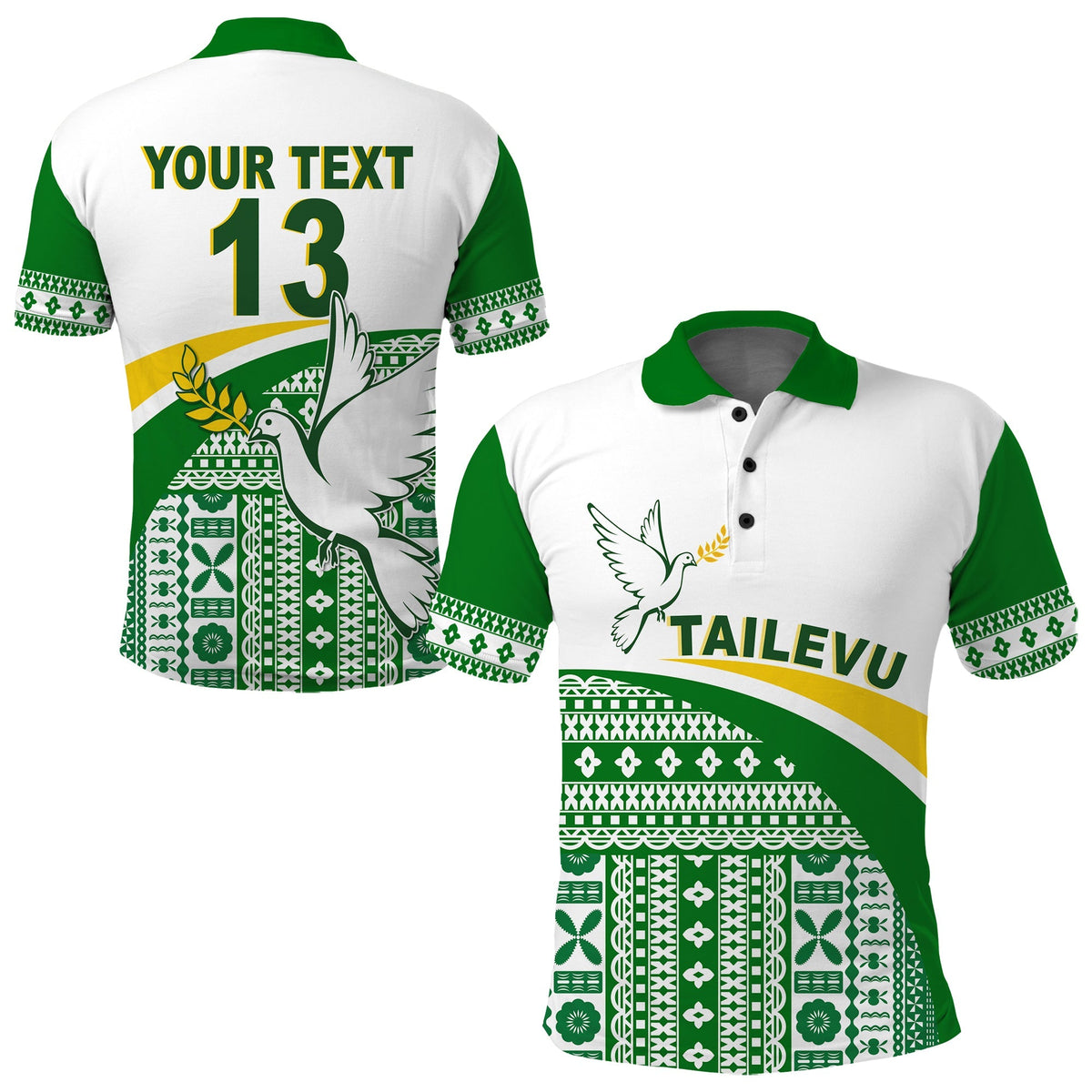 Rugby polo Tailevu LT13, white back with 'YOUR TEXT 13' and green tapa pattern