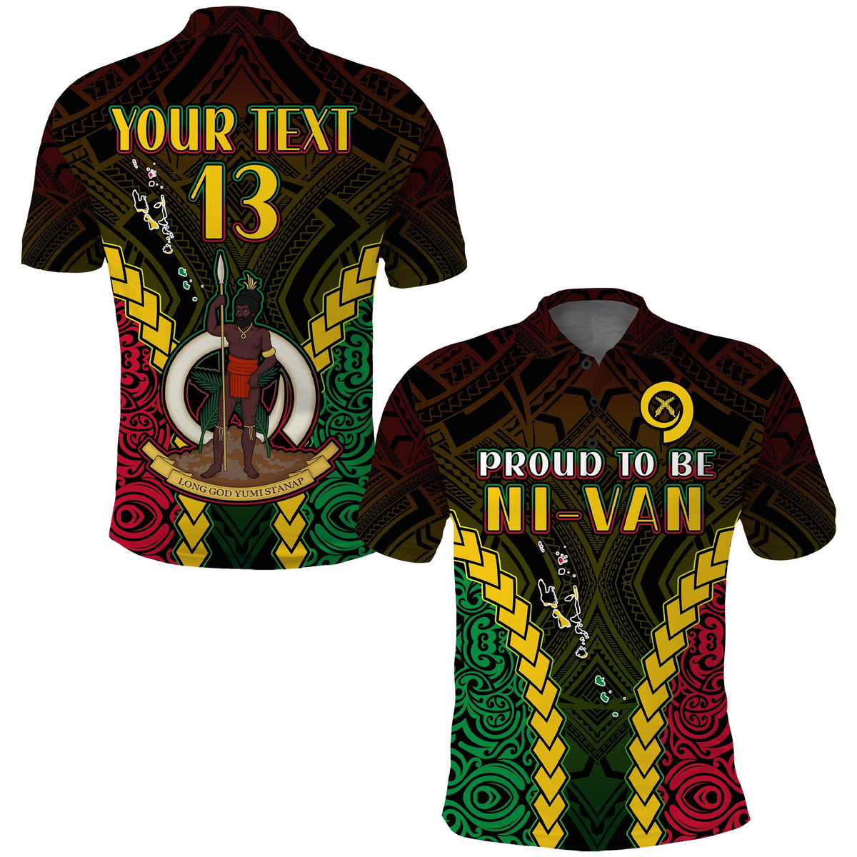Poloshirts-Set: „YOUR TEXT 13“ vorn und „proud to be NI-VAN“ vorn, Tribal-Muster