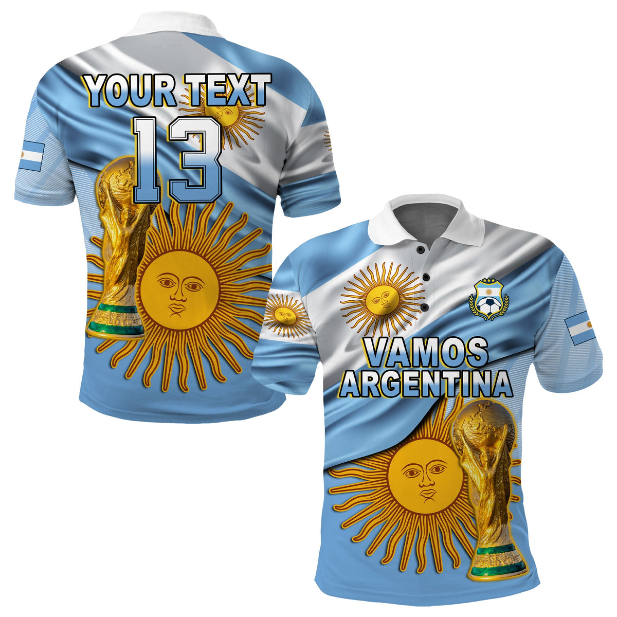 Football polo shirt with white collar, blue and white back print: YOUR TEXT 13.