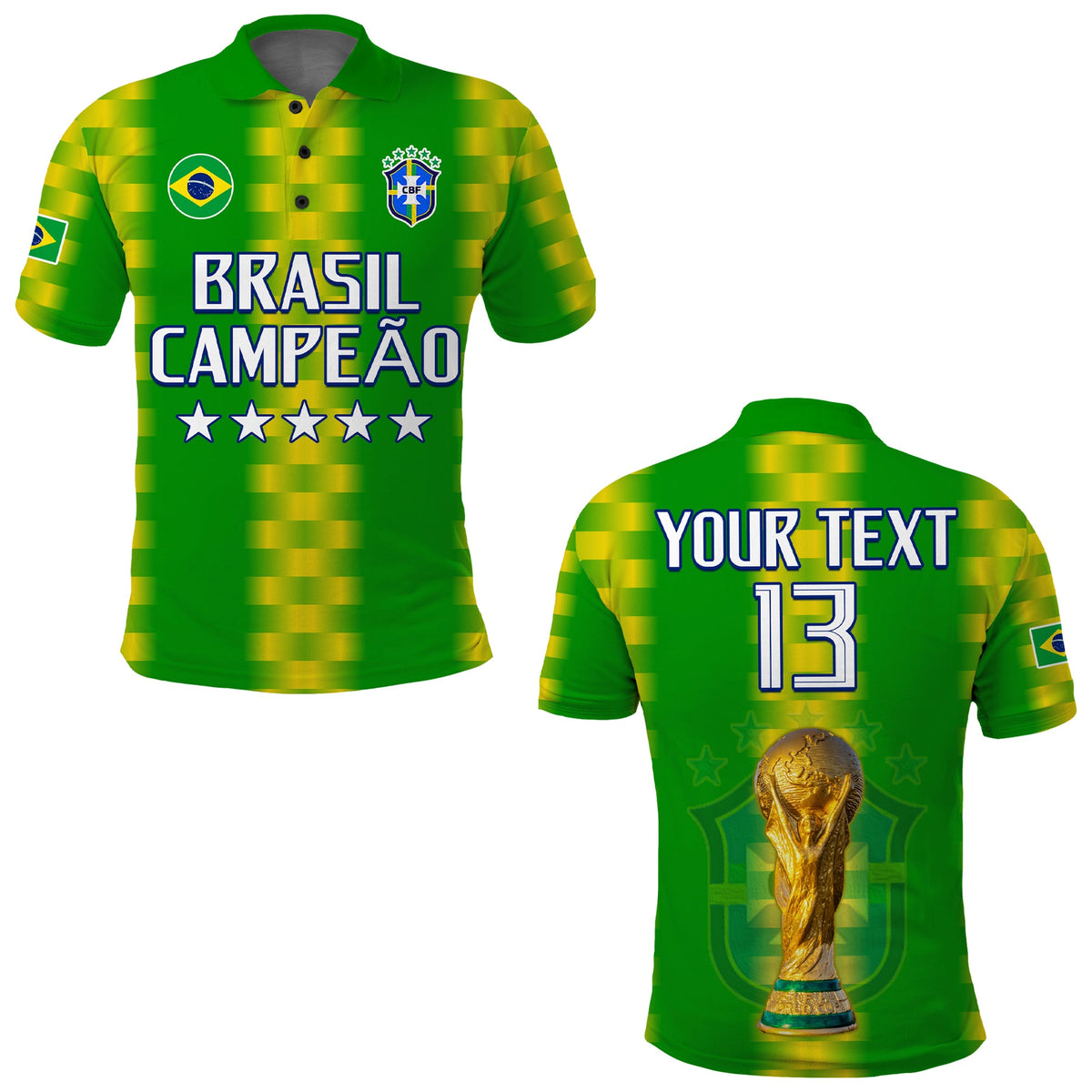 Green Brazil football polo shirt with yellow check pattern, front BRASIL CAMPEAO graphic