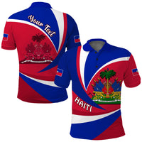 Haiti polo shirt in blue, red, and white; custom text on back and flag patch on sleeve
