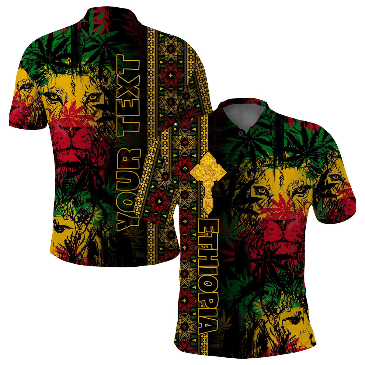 Adult polo shirt with lion faces, Ethiopian cross, tropical leaves; red, green, yellow on dark