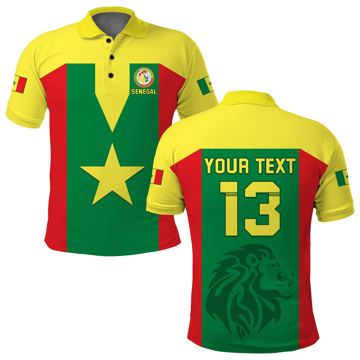 Gelbes Senegal-Fußballpolo: Frontdruck mit Stern, Wappen, Custom Text & Zahl
