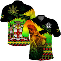 Custom Jamaica lion polo with reggae pattern; 'Your Text' on back, 'Jamaica' on front