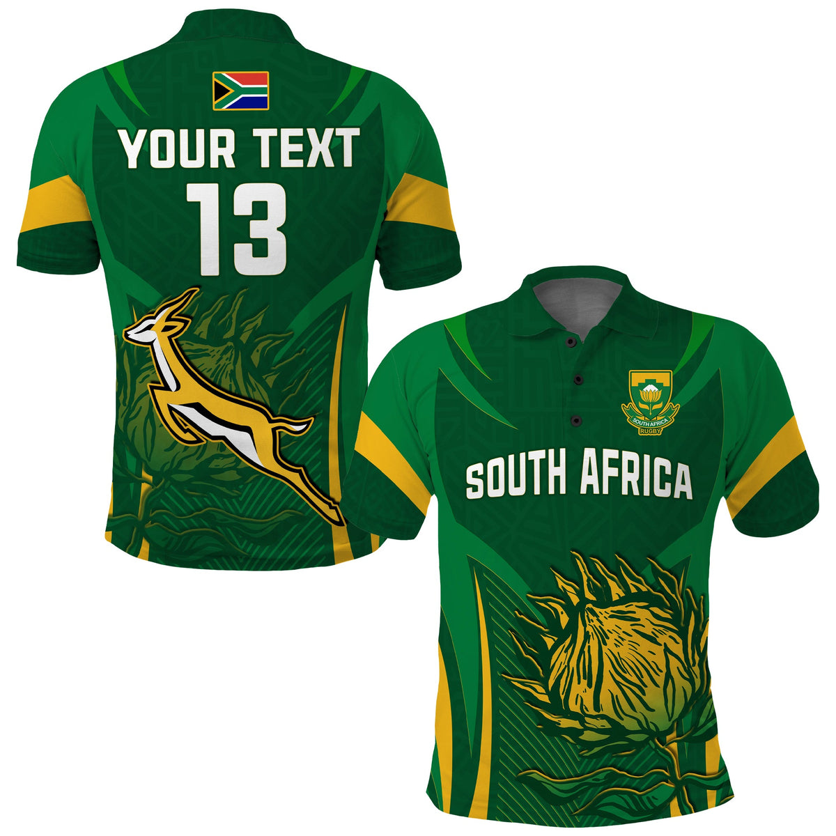 Green South Africa rugby polo back: Your Text, #13, flag and springbok crest