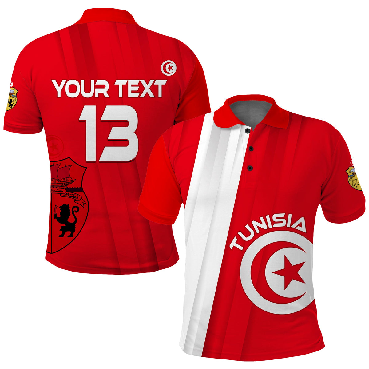 Red Tunisia polo shirt with back print 'YOUR TEXT' and number 13