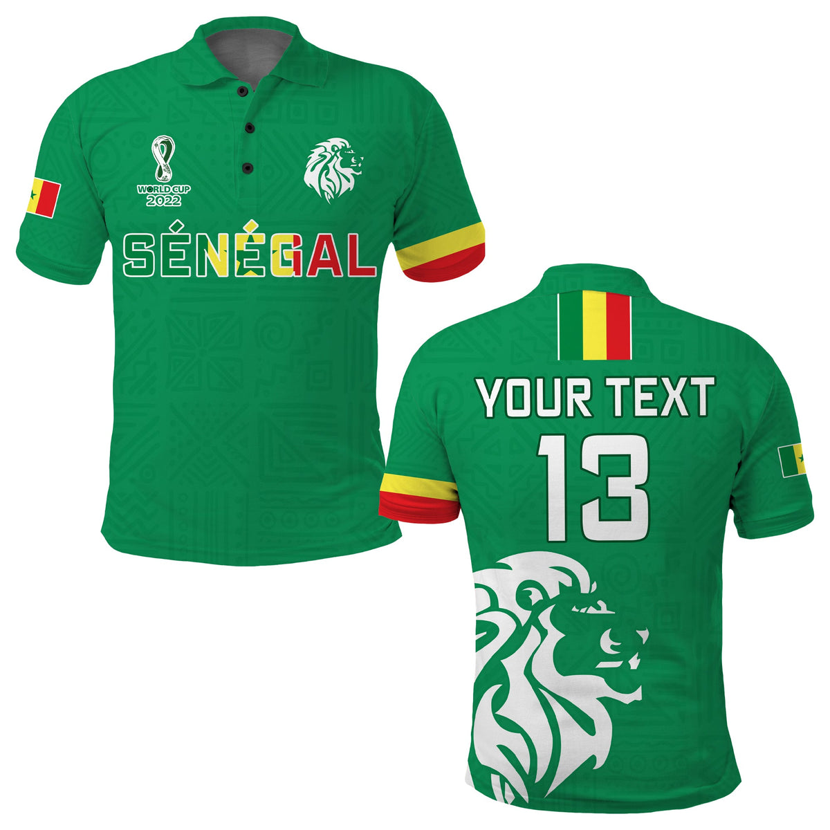 Green Senegal football polo shirt with SÉNÉGAL front print, lion logo, and red-yellow sleeve trim.