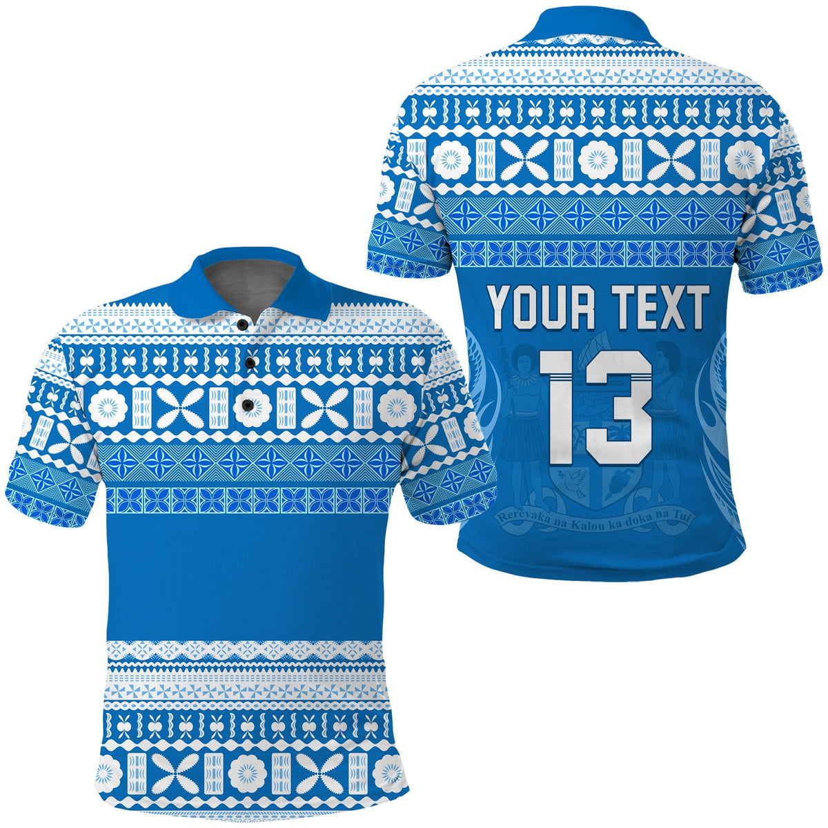 Bula Fiji polo shirt with blue tapa pattern, short collar, custom text 13