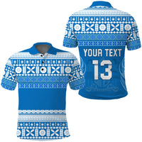 Bula Fiji polo shirt with blue tapa pattern, short collar, custom text 13
