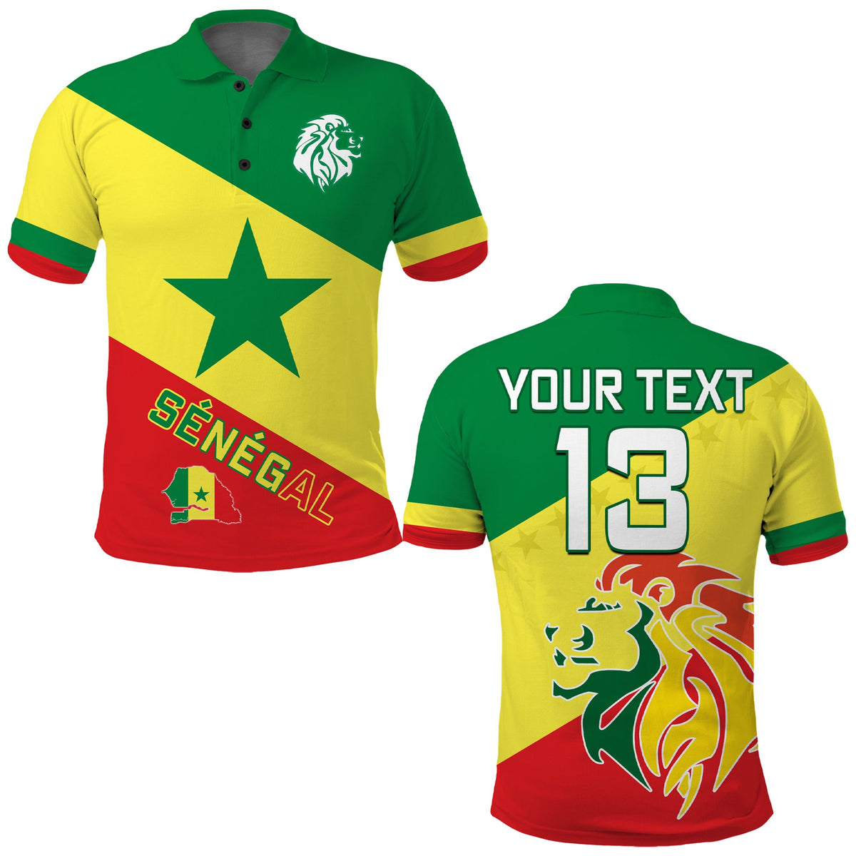 Senegal flag-style football polo: lion emblem and custom text, front and back shown.