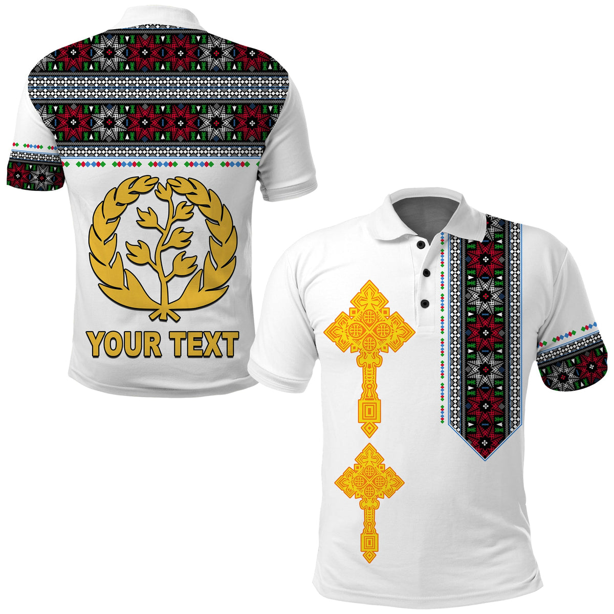 White polo shirt with patterned sleeves, gold tree emblem and 'YOUR TEXT' print