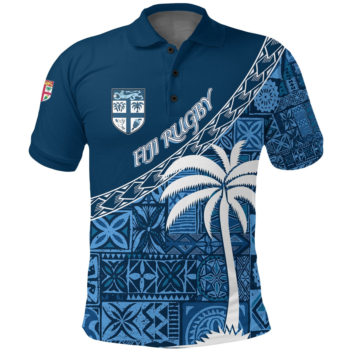 Navy Fiji rugby polo with palm tree tapa pattern and crest on chest