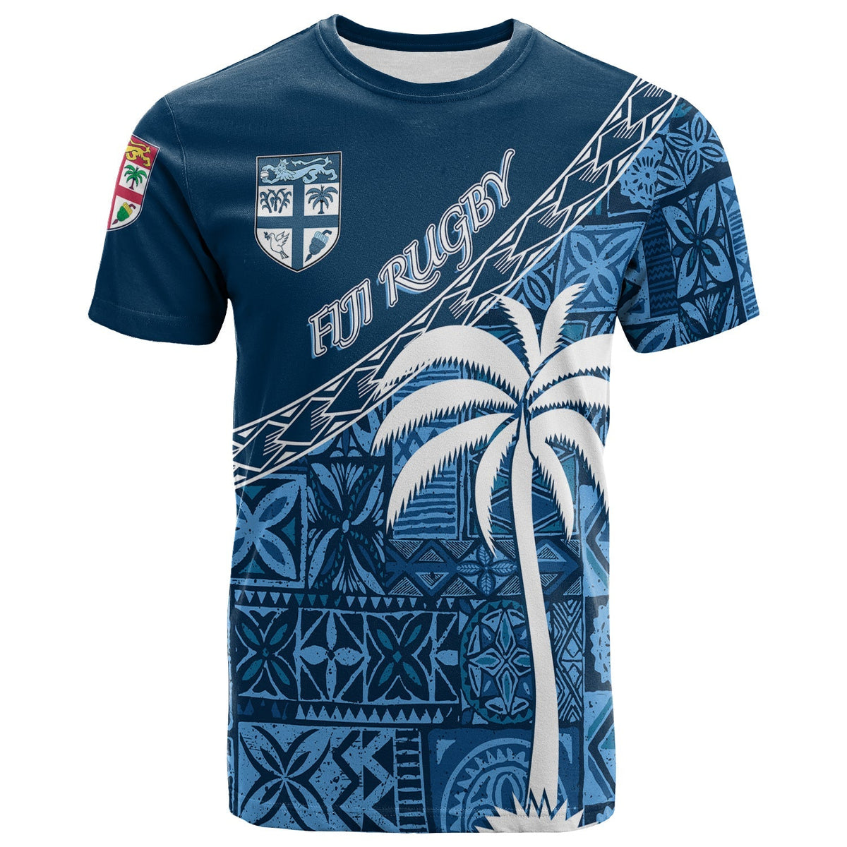 Navy rugby T-shirt with custom tapa palm tree pattern and Fiji shield front
